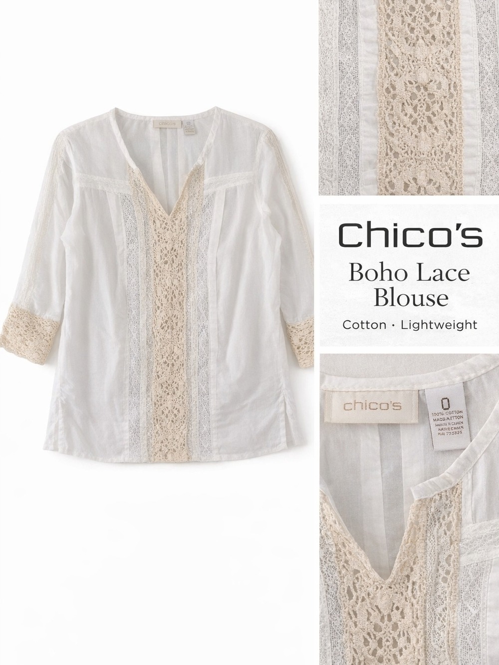 Chico’s White Crochet Lace Trim Blouse Size XS Small Semi Sheer Boho Coastal Top